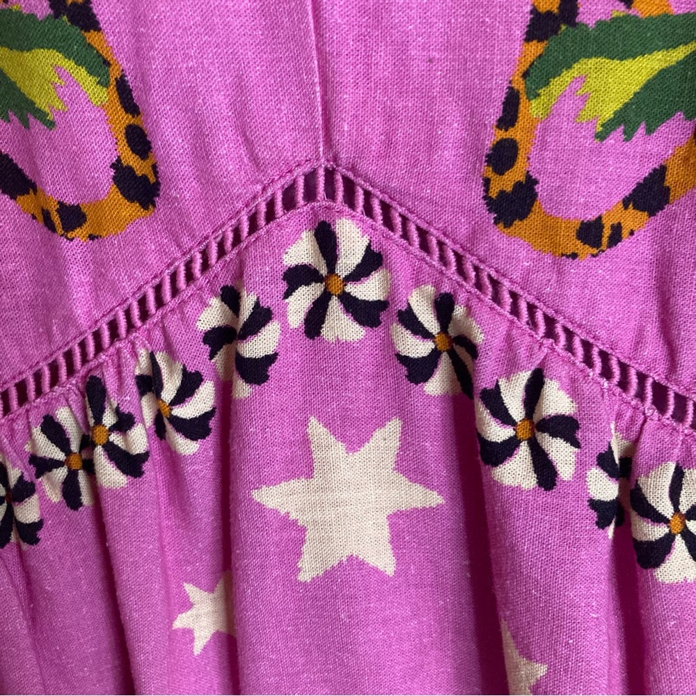 NEW FARM Rio Pink Leopard Forest Mini Dress Linen Blend Beaded Tassels Flowy XL - Picture 12 of 15